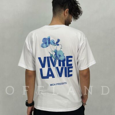 تیشرت سفید طرح گل آبی vivre lavie