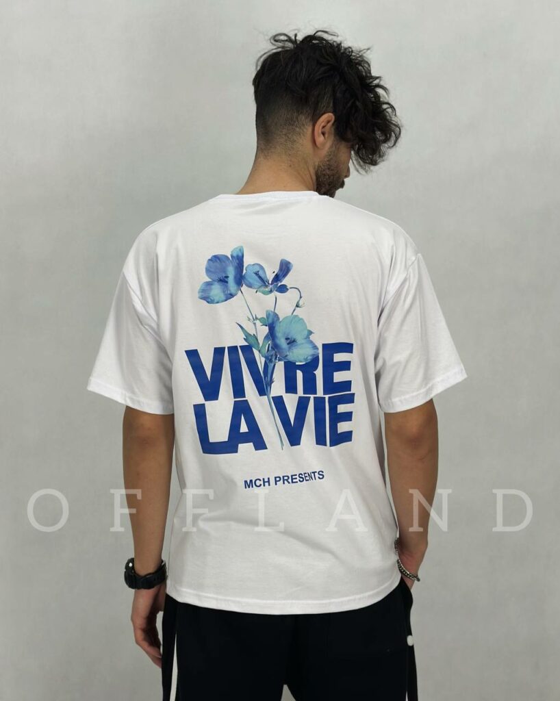 تیشرت سفید طرح گل آبی vivre lavie