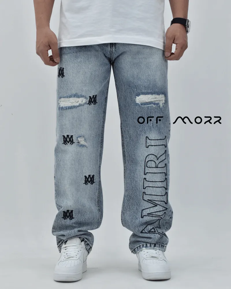 شلوار بگ استایل آبی وسط کاستوم زاپ bagstyle AMIRI