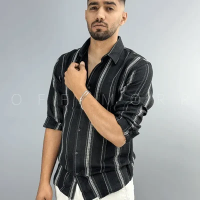 پیراهن مردانه پارچه کنفی مشکی سفید مچینست