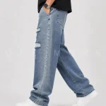 شلوار جین مردانه بگ استایل آبی شسته زاپ دیسکوارد